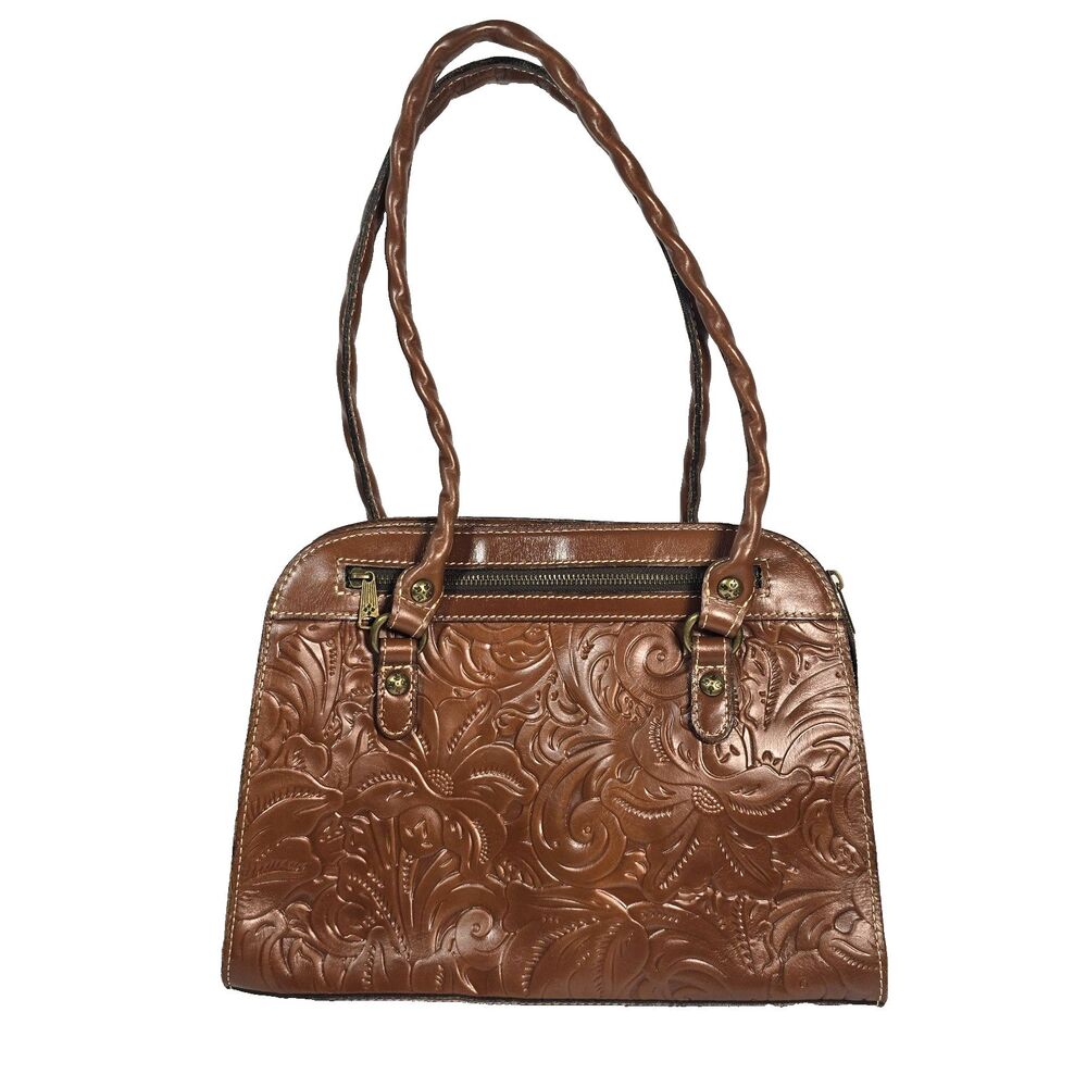 Patricia Nash Tooled Floral Leather Satchel Cognac Brown Shoulder Handbag